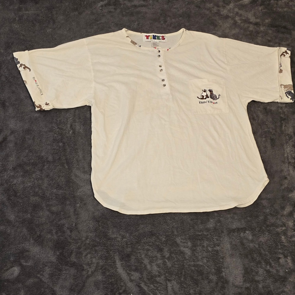 Vintage Yikes Kissin' Kittens Henley Shirt L‎ Ivory Cat Lover Aesthetic 90s Boho